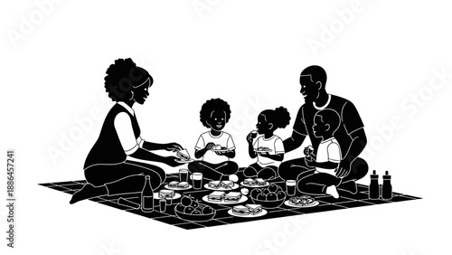 Black silhouette illustration of a family with children playing and cooking together on a mat with food.