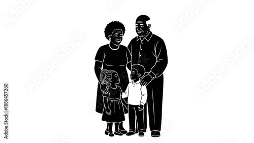 Black silhouette illustration of a family with two children standing together in a simple, solid white background.