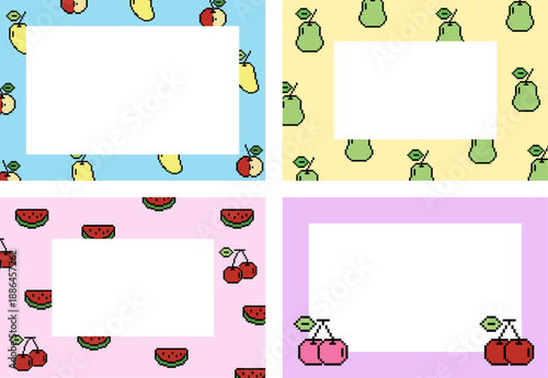Pixel fruit frame set with mango, cherry, apple, pear, watermelon for fruity polaroid photo, rectangle ad template, poster, decoration, notepad, sticky note, memo, paper design, book cover