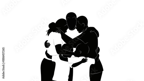 Black silhouette illustration of a family with children playing and cooking together against a clean white background.