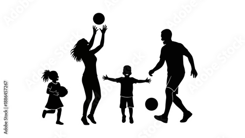 Black silhouette illustration of a family with children playing and cooking on a white background.