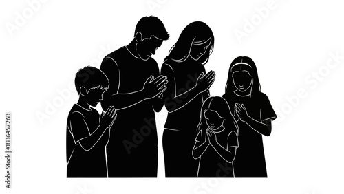 Black silhouette illustration of a family with two children and parents praying or cooking together on a white background.