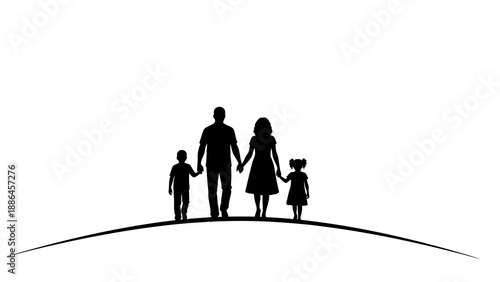 Black silhouette illustration of a family with two children standing on a hill against a white background.
