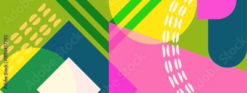 Dynamic green backdrop with overlapping pink shapes and dashed lines
