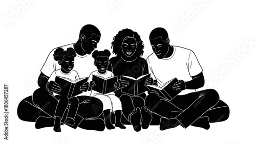 Black silhouette illustration of a family with two adults and two children sitting together and reading books in a simple composition.