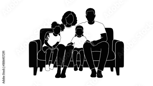 Black silhouette illustration of a family of four sitting on a couch, with two children playing and parents relaxing in a simple, modern composition.