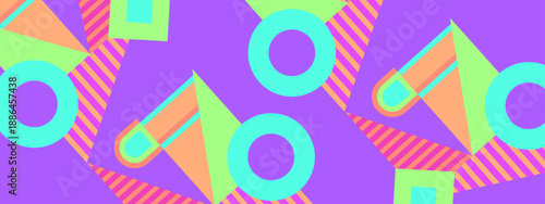 Colorful abstract geometric pattern featuring bold circles and squares on a bright purple background