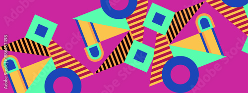 Dynamic magenta background filled with geometric shapes and blue circular elements in a modern style