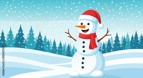Vibrant vector illustration of a cheerful snowman wearing a festive hat and red scarf, standing happily in a snowy winter landscape