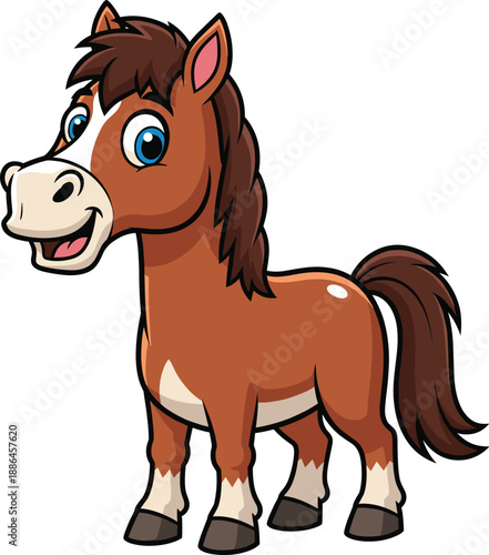 Cheerful cartoon horse with blue eyes, smiling face, and brown coat, standing upright in friendly, kid-friendly character design.
