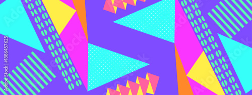 Playful abstract background with purple base and vibrant neon geometric shapes in a retro style