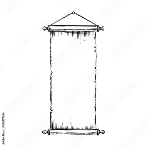 old paper scroll hanging on rope vector line art hand drawn illustration