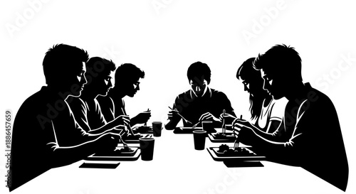 Group of people eating together at a table silhouette.