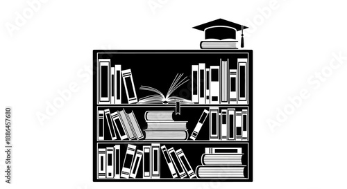 Bookshelf with graduation cap symbolizing education and knowledge.