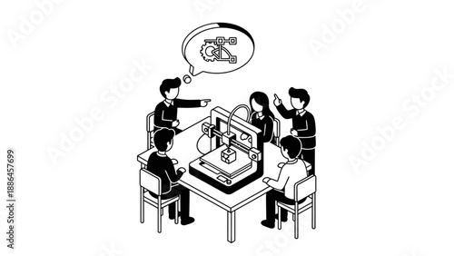 Team collaborating on innovative 3D printing project at table.