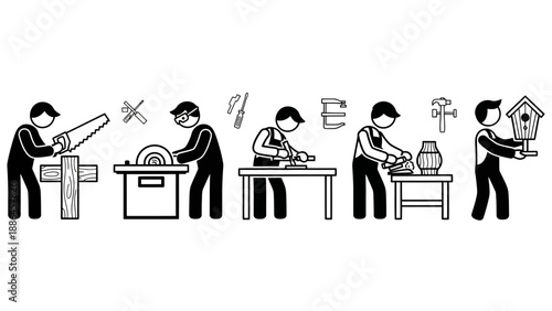 Woodworker performing various carpentry tasks with tools.