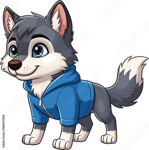Cartoon husky puppy in blue hoodie with bright eyes, friendly smile, and playful charm, perfect for kids and branding use.