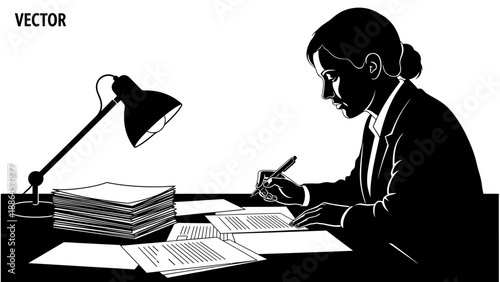 Businesswoman working late at her desk with a lamp and papers.