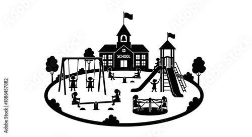 Children playing on a school playground with swings and slides.