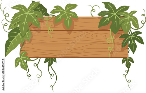 Vector illustration of a rustic wooden sign board entwined with green climbing ivy vines creating a natural frame for text