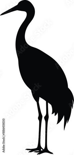 Tall Crane Silhouette with Long Neck, Pointed Beak, Slender Legs, and Downward Tail Feathers in Minimalist Upright Bird Design