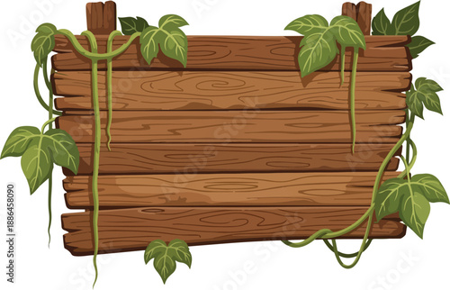 Blank wooden plank signboard entangled with lush green tropical liana vines, a jungle-themed vector illustration isolated for design