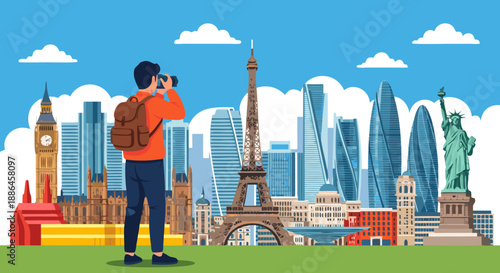 Adventurous male traveler exploring famous world city landmarks, capturing the iconic sights in a vibrant flat design vector illustration