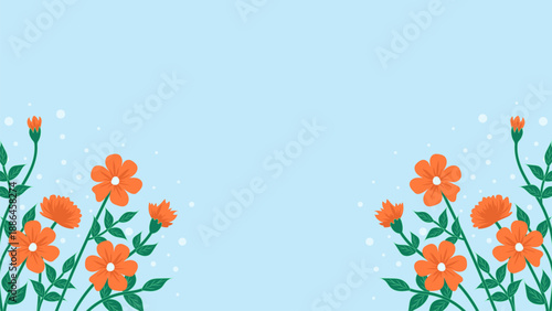 Flat floral background with orange flowers and copy space on blue for spring summer banner design.