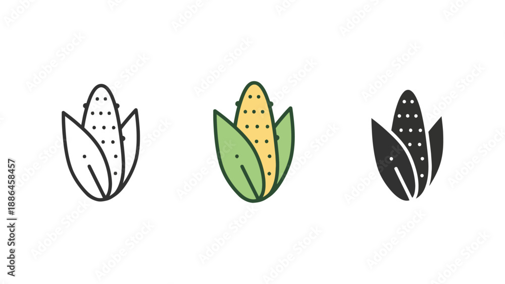 Fototapeta premium A set of three colorful corn icons on a white background