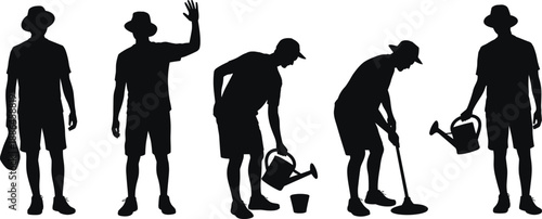Gardening man silhouettes set, watering digging planting activities, black farmer figures, outdoor garden work poses, people with tools, vector illustration