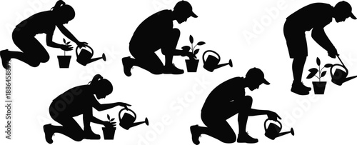 Gardening people silhouette set vector illustration, men and women watering potted plants, planting care activity, eco friendly lifestyle, nature and agriculture concept