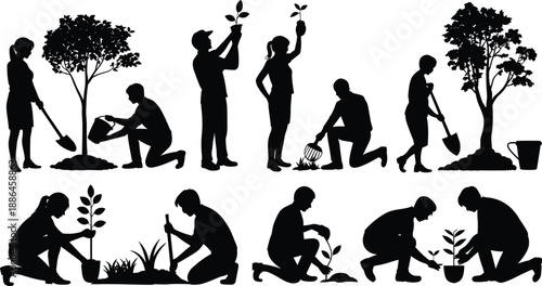 Gardening people silhouettes collection, men and women planting trees and seedlings, outdoor garden activities, eco friendly lifestyle, teamwork nature care vector illustration