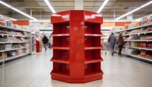 Red Supermarket Gondola Endcap Display in Grocery Store Aisle