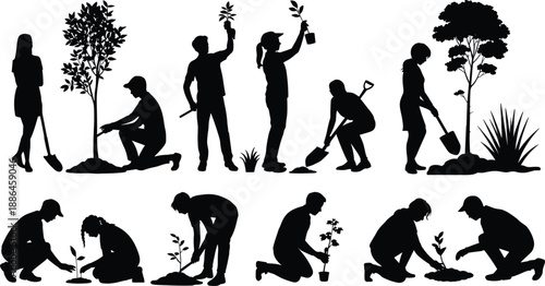 Gardening people silhouettes set, men and women planting trees and seedlings, outdoor garden work activities, eco friendly teamwork, nature care vector illustration