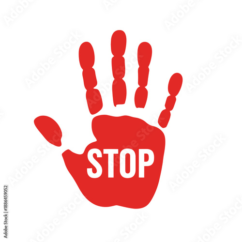 Red hand stop sign with white text, clear background, symbol of prohibition and warning