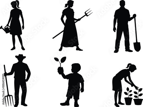 Gardening people silhouettes set, men women and child holding tools and plants, family garden activities, eco lifestyle concept, black vector illustration