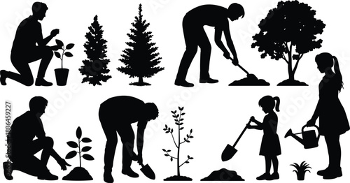 Gardening people silhouettes, planting trees and plants, digging soil, watering garden, family eco activities, nature care, sustainable lifestyle, black vector illustration set
