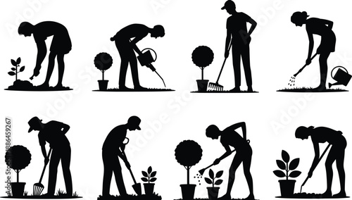 Gardening silhouettes collection, people planting shrubs, watering and raking lawns, outdoor garden maintenance activities, landscaping work, eco friendly lifestyle vector illustration