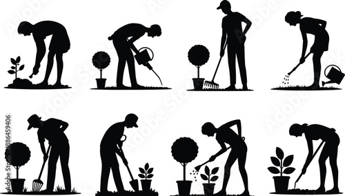 Gardening silhouettes collection, people planting shrubs, watering and raking lawns, outdoor garden maintenance activities, landscaping work, eco friendly lifestyle vector illustration