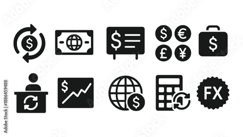 A collection of black and white financial icons on a clean background