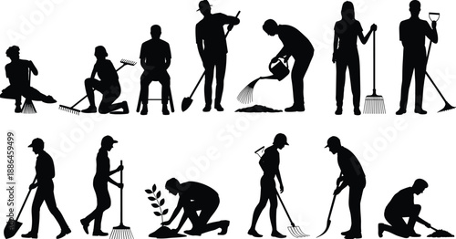 Gardening silhouettes collection, people using tools for planting and yard maintenance, outdoor landscaping work, eco friendly teamwork, manual labor vector illustration