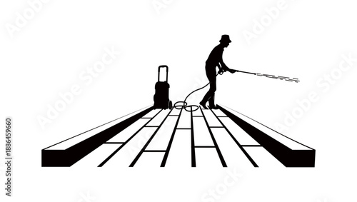 A gardener uses a pressure washer to clean outdoor spaces