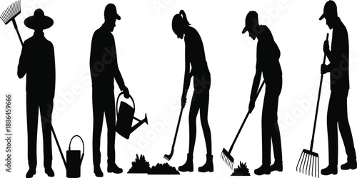 Gardening silhouettes set, people raking soil and watering plants, outdoor garden maintenance teamwork, landscaping tools, eco friendly activity, vector illustration