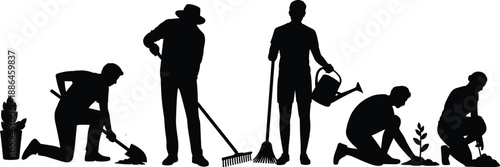 Gardening silhouettes, people planting and watering plants, digging soil, raking garden beds, outdoor garden maintenance work, eco friendly lifestyle, sustainable living concept, 