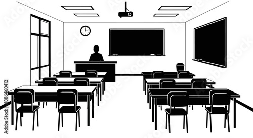 Classroom scene with teacher at desk and students chairs.