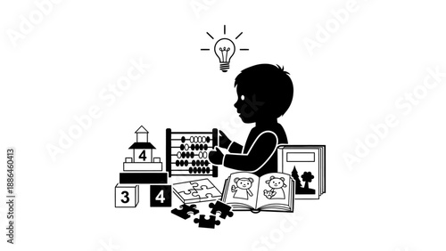 Child learning with abacus and educational toys.