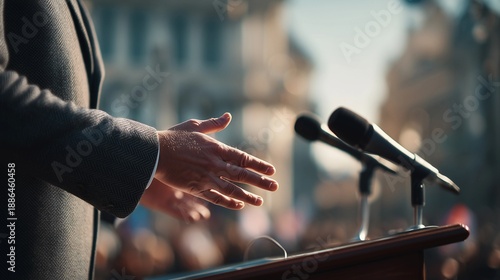 Close-up of hands gesturing during speech at press conference with microphones on podium outdoors.