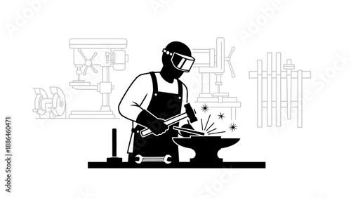 Blacksmith working at anvil with hammer and sparks.