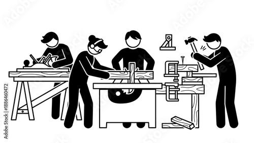 Carpenters working together in a workshop on wooden projects.