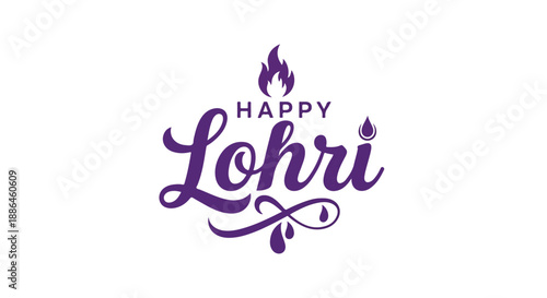 Happy Lohri Purple Calligraphy Text with Fire and Drop Icons Vector